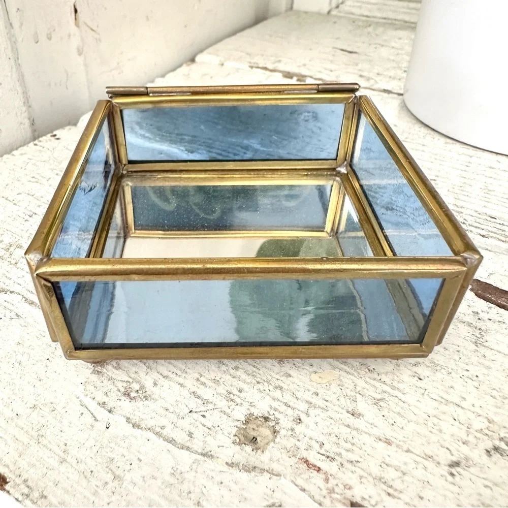 3/$22🩶 Vintage Angels Via Vermont Glass Brass Trinket Jewelry Box Mirror
